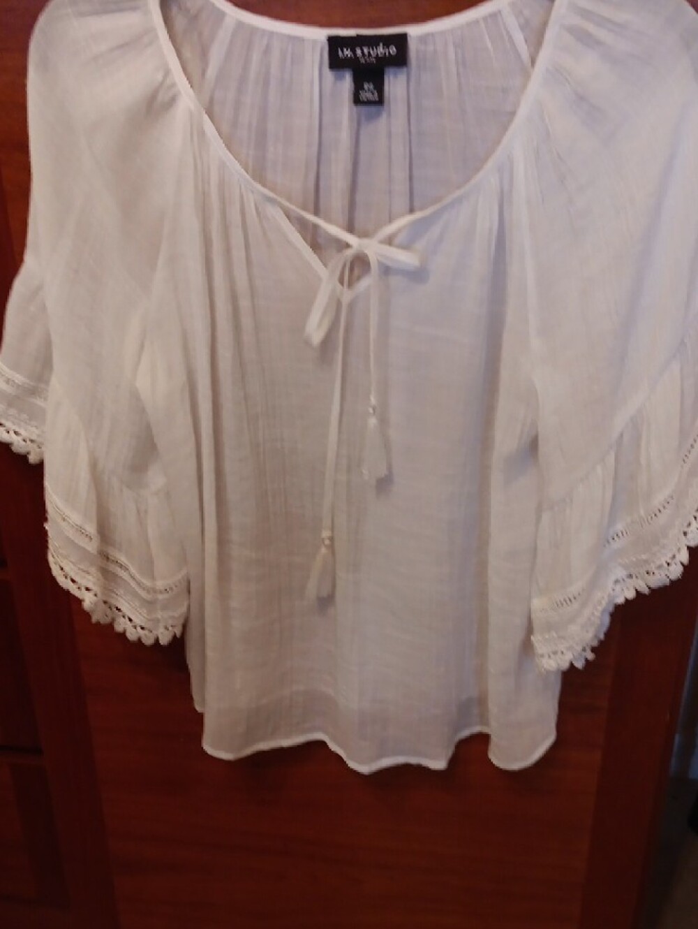 I.N. Studio White Boho Tie-Front Peasant Top